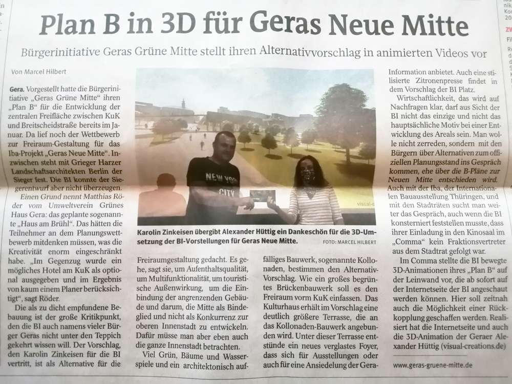 Artikel "Plan B in 3D für Geras Neue Mitte" der Bürgerinitiative Grüne Mitte Gera am 30.07.2020 in der OTZ